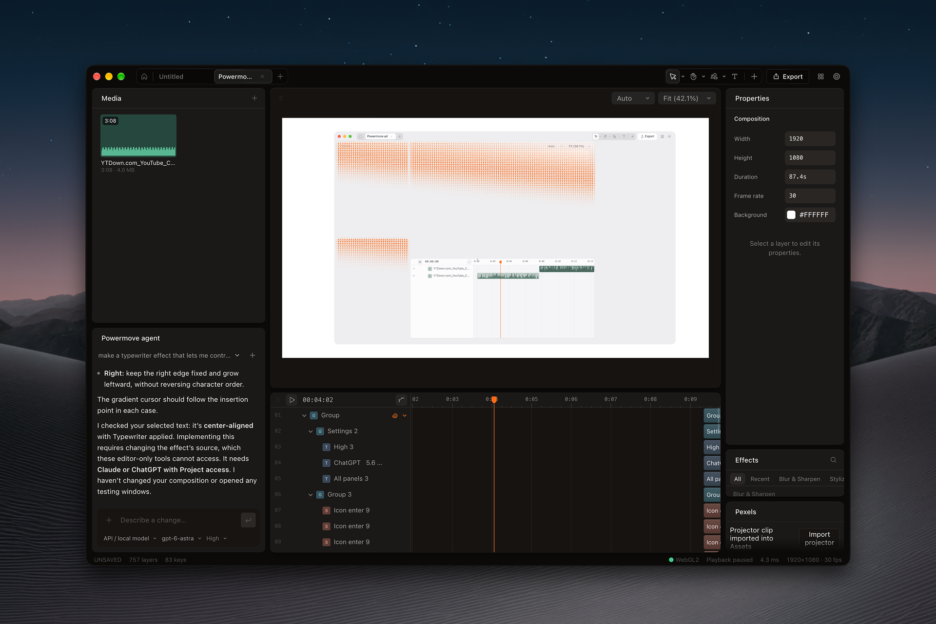 Powermove editor over a desert night sky, with a cinematic title, layer stack, property inspector, agent panel, and keyframe timeline.